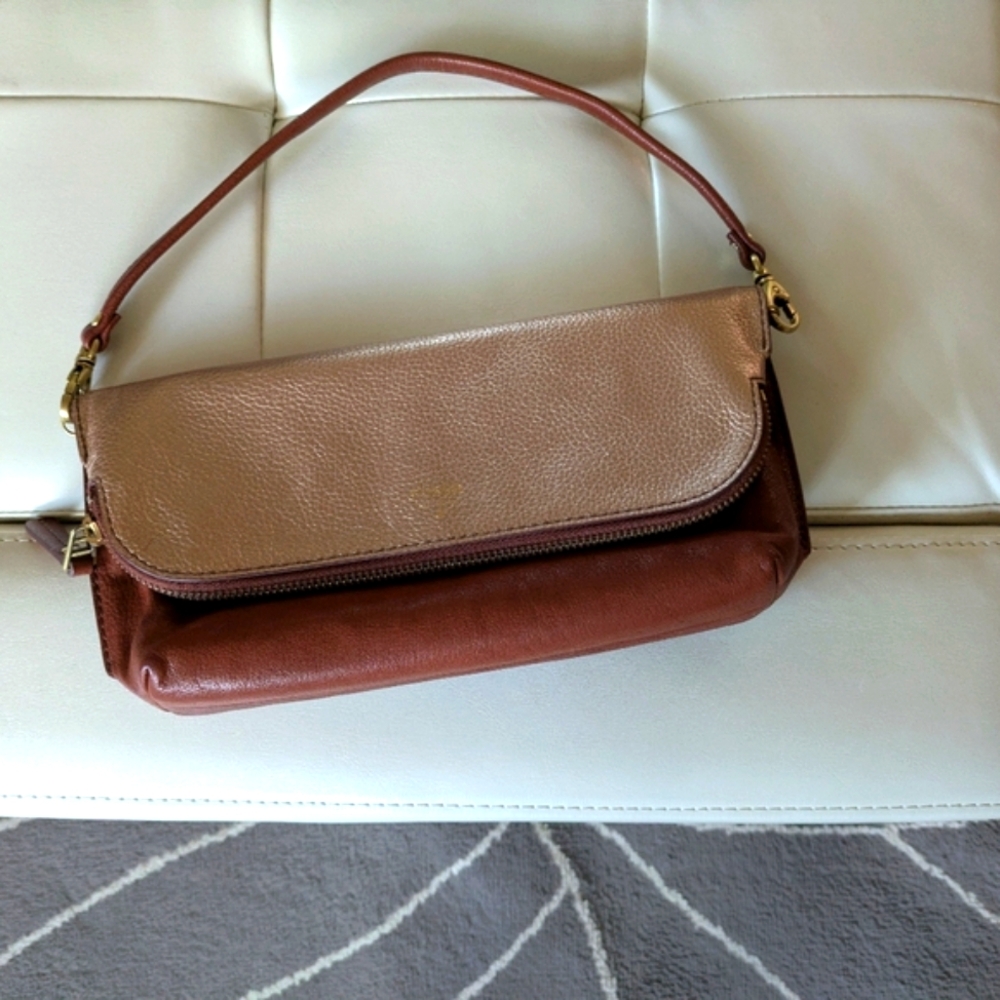 Rare, Fossil Bag Gold and Cognac Pebbled Leather Shoulder/Wristlet Bag